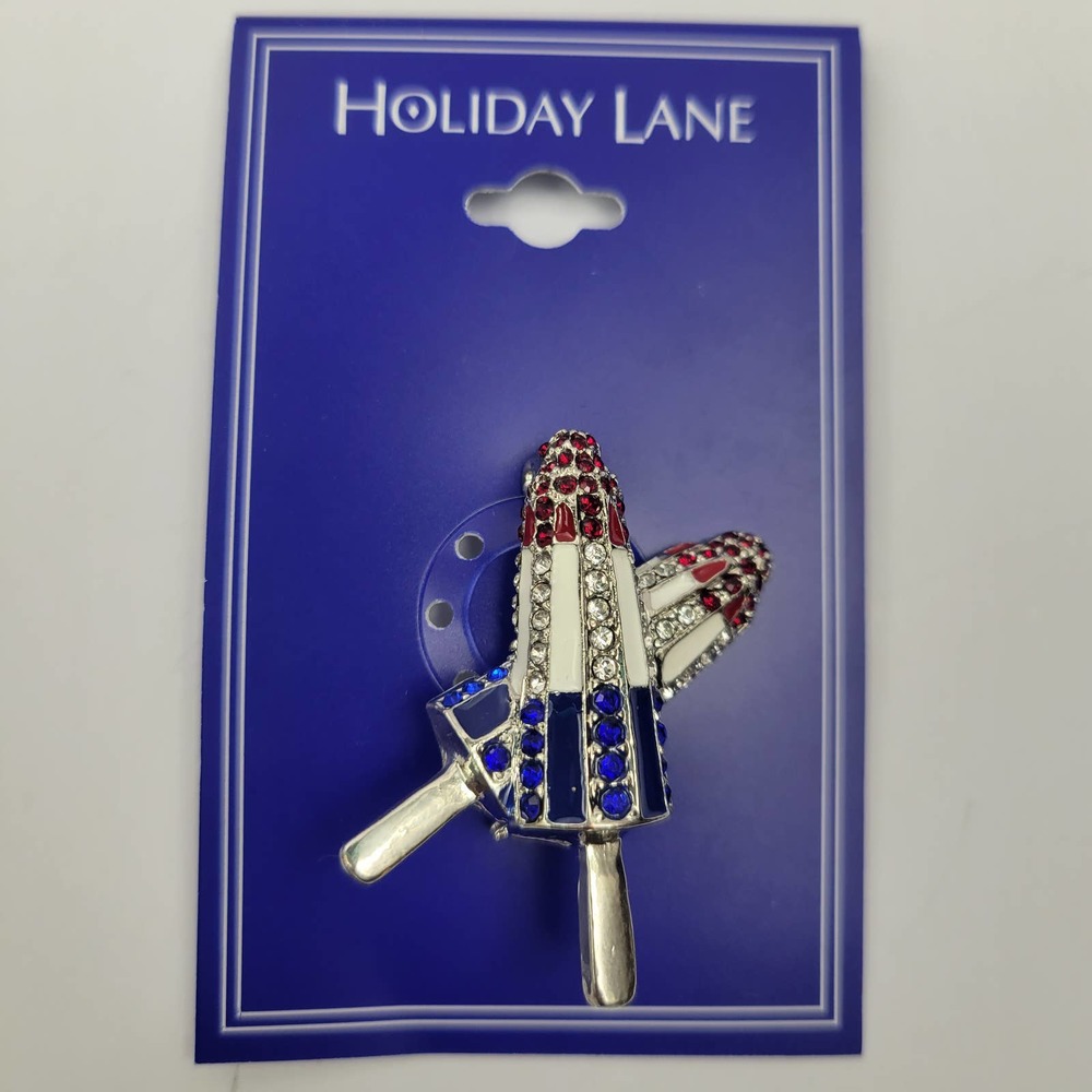Holiday Lane Silver-Tone Red, White & Blue Pave Popsicle Pin 250th Anniversary